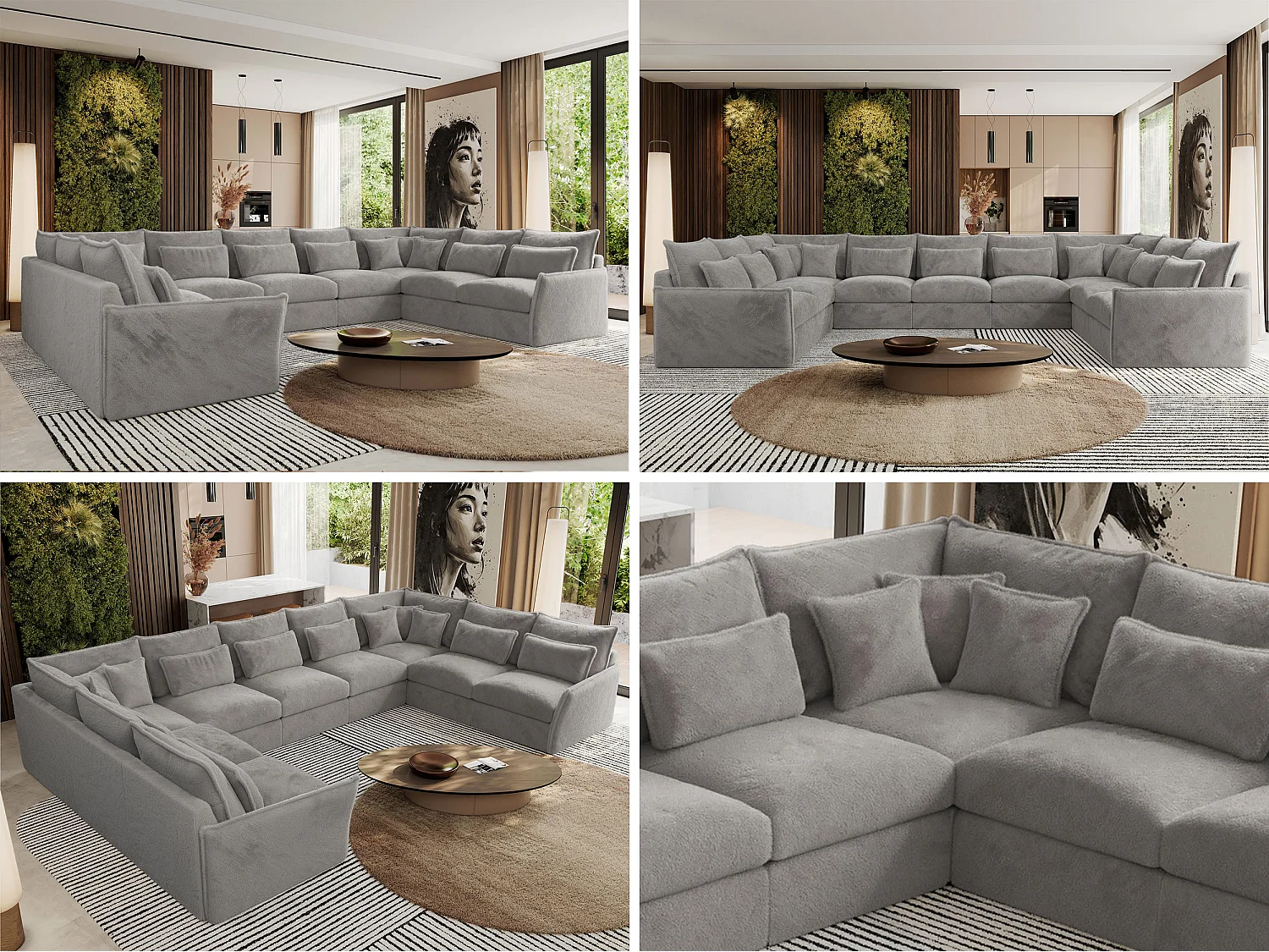 Ecksofa VERSO U9M - XXL Wohnlandschaft Ecke, modulare, Armlehnen und lose Kissen - Hellgrau Plüsch