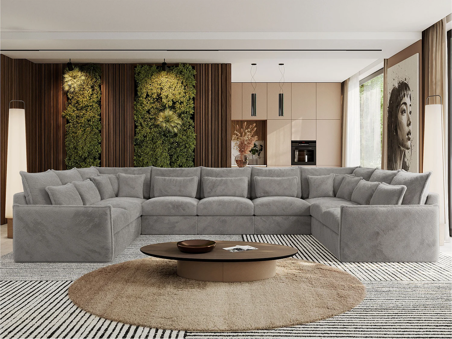 Ecksofa VERSO U9M - XXL Wohnlandschaft Ecke, modulare, Armlehnen und lose Kissen - Hellgrau Plüsch