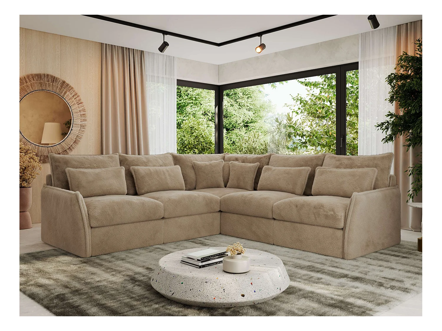 Ecksofa VERSO - modulare L-förmige Ecke, lose Kissen, Wohnlandschaft - Beige Plüsch