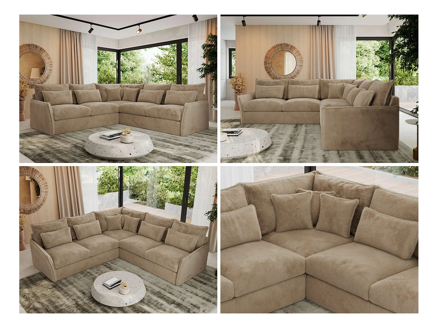 Ecksofa VERSO - modulare L-förmige Ecke, lose Kissen, Wohnlandschaft - Beige Plüsch