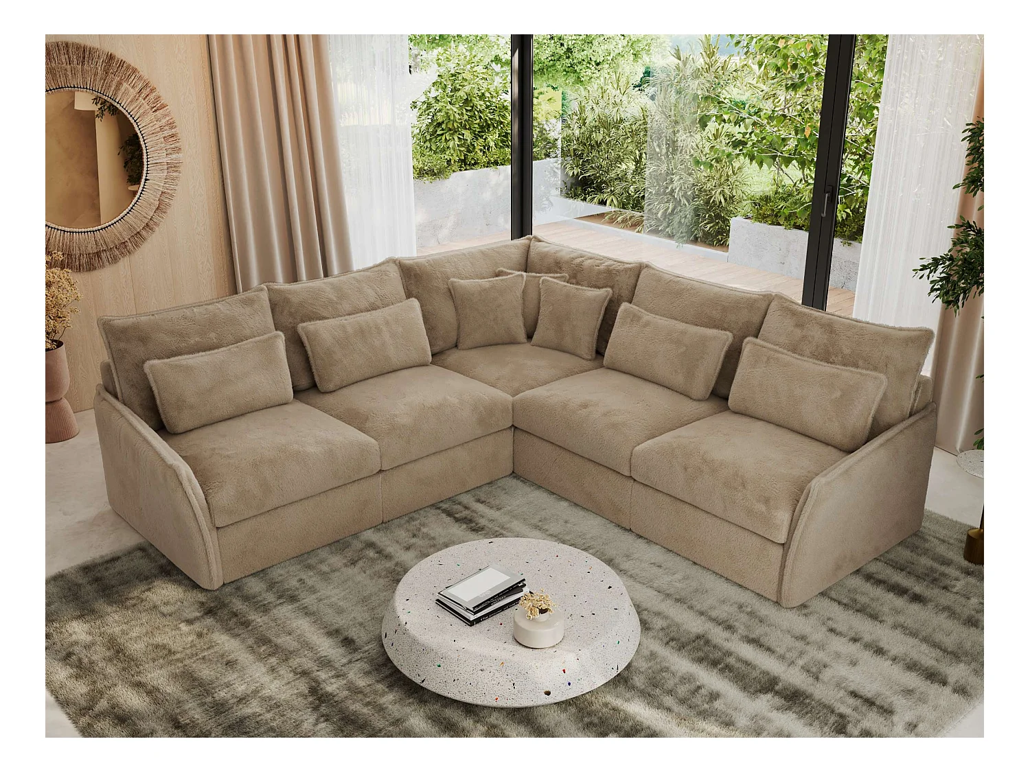 Ecksofa VERSO - modulare L-förmige Ecke, lose Kissen, Wohnlandschaft - Beige Plüsch