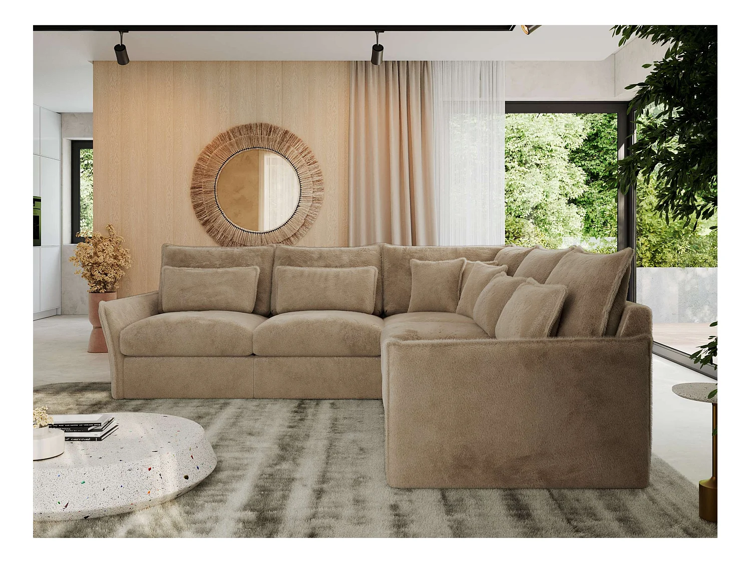 Ecksofa VERSO - modulare L-förmige Ecke, lose Kissen, Wohnlandschaft - Beige Plüsch