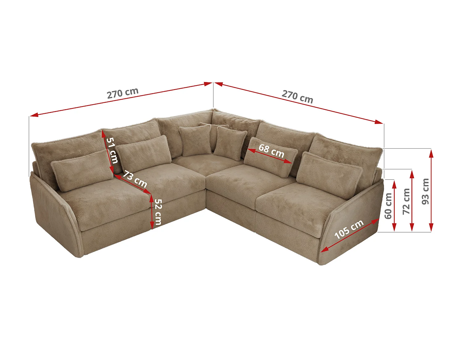 Ecksofa VERSO - modulare L-förmige Ecke, lose Kissen, Wohnlandschaft - Beige Plüsch