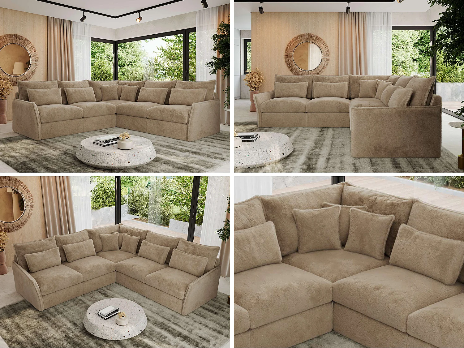 Ecksofa VERSO - modulare L-förmige Ecke, lose Kissen, Wohnlandschaft - Beige Plüsch