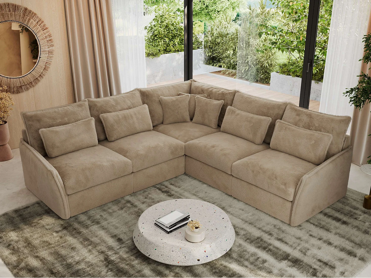 Ecksofa VERSO - modulare L-förmige Ecke, lose Kissen, Wohnlandschaft - Beige Plüsch