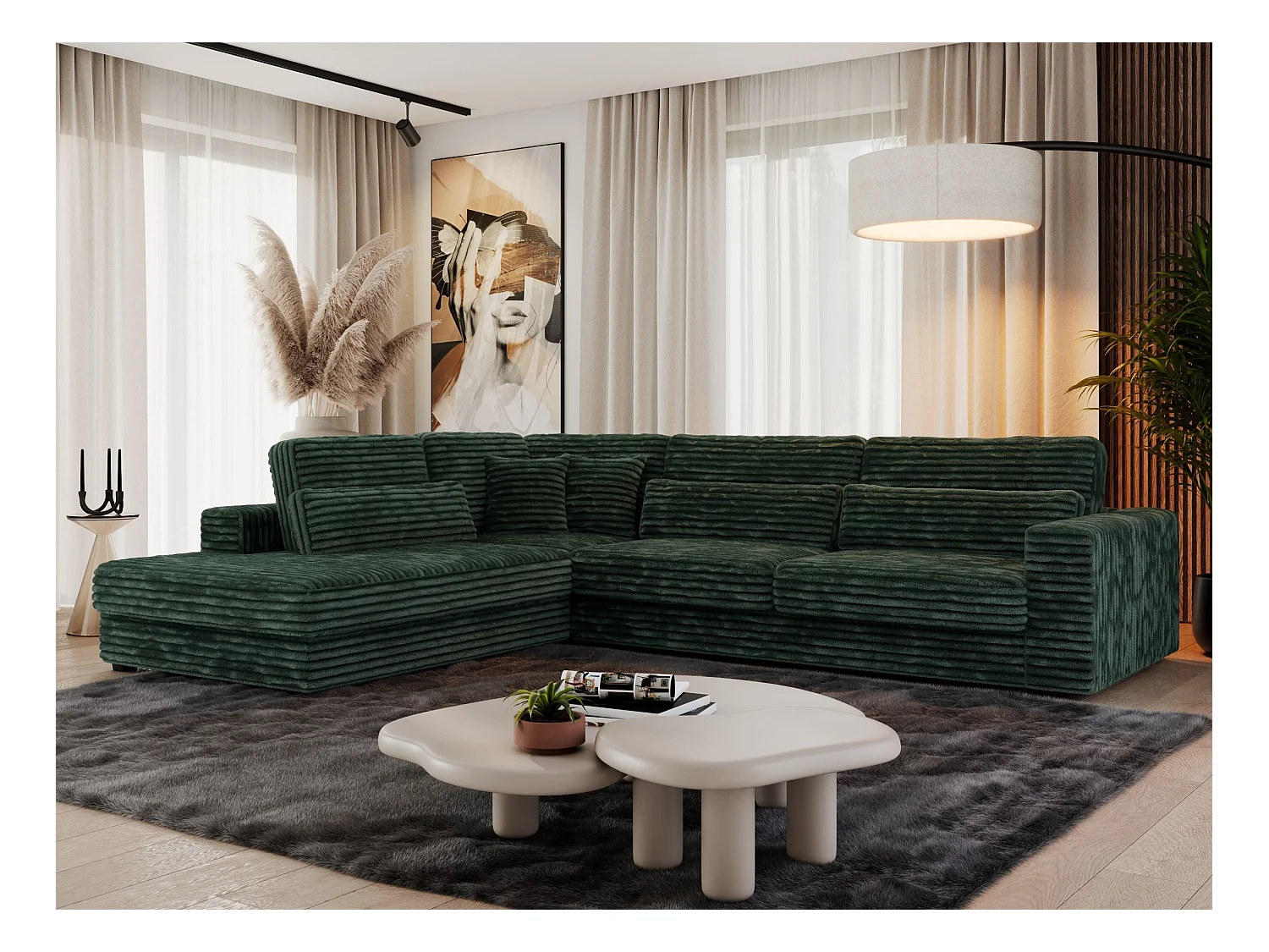 Ecksofa SAVONA - mit Armlehnen, lose Kissen, große L-förmige Ecke, Wohnlandschaft - Grün Cord - Ecke Links