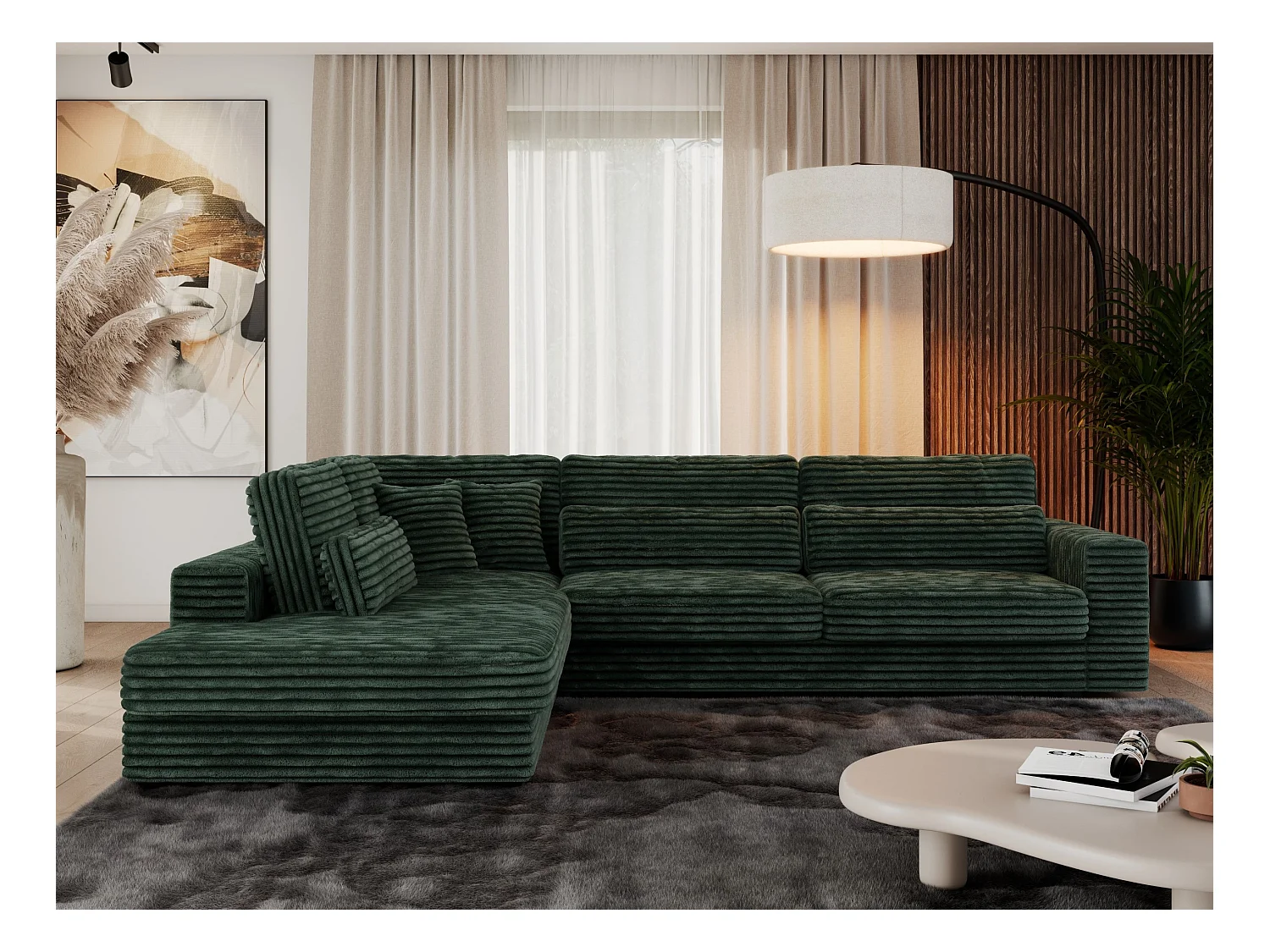 Ecksofa SAVONA - mit Armlehnen, lose Kissen, große L-förmige Ecke, Wohnlandschaft - Grün Cord - Ecke Links