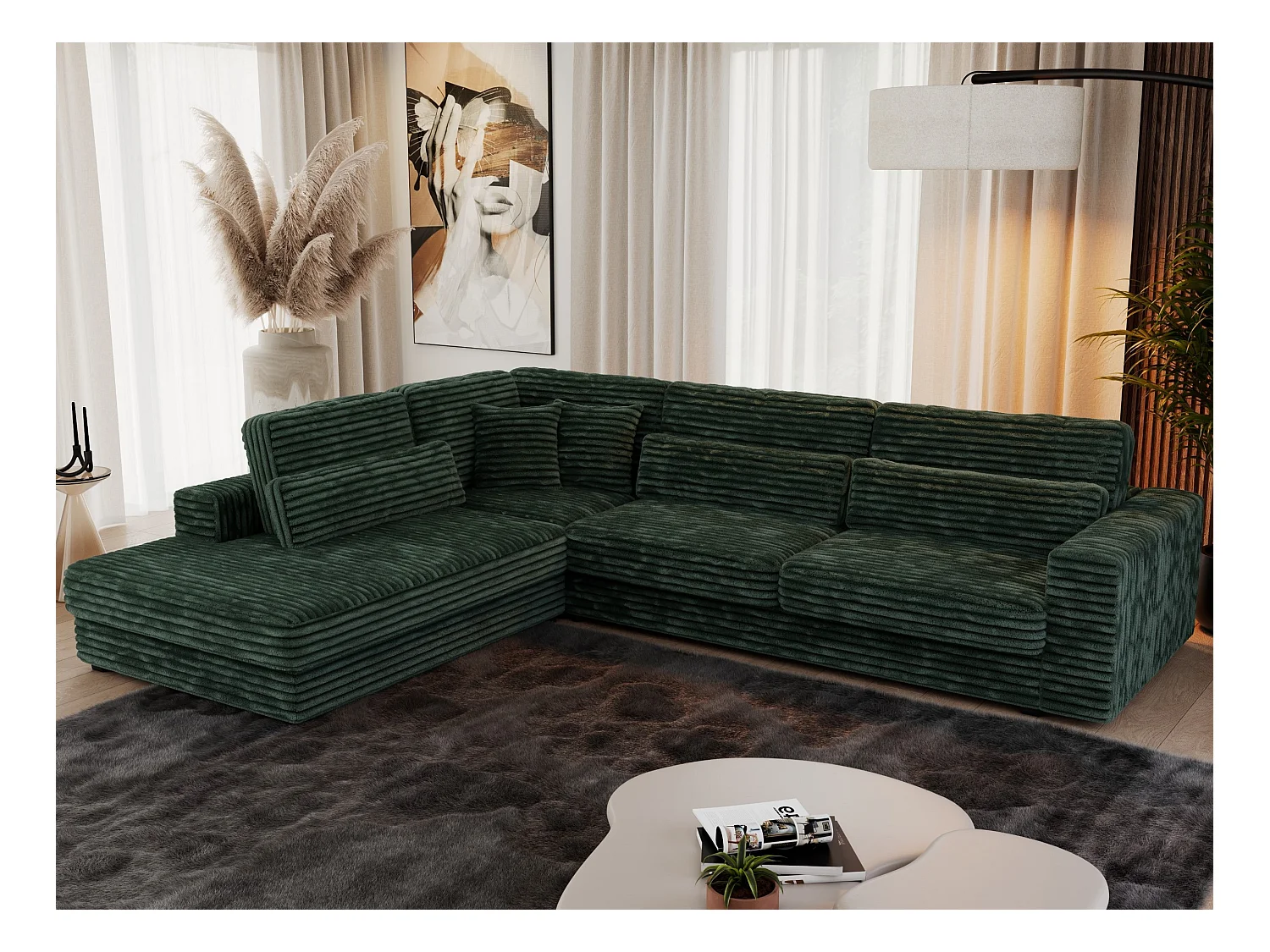 Ecksofa SAVONA - mit Armlehnen, lose Kissen, große L-förmige Ecke, Wohnlandschaft - Grün Cord - Ecke Links