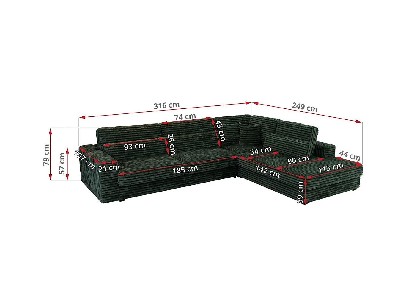 Ecksofa SAVONA - mit Armlehnen, lose Kissen, große L-förmige Ecke, Wohnlandschaft - Grün Cord - Ecke Links