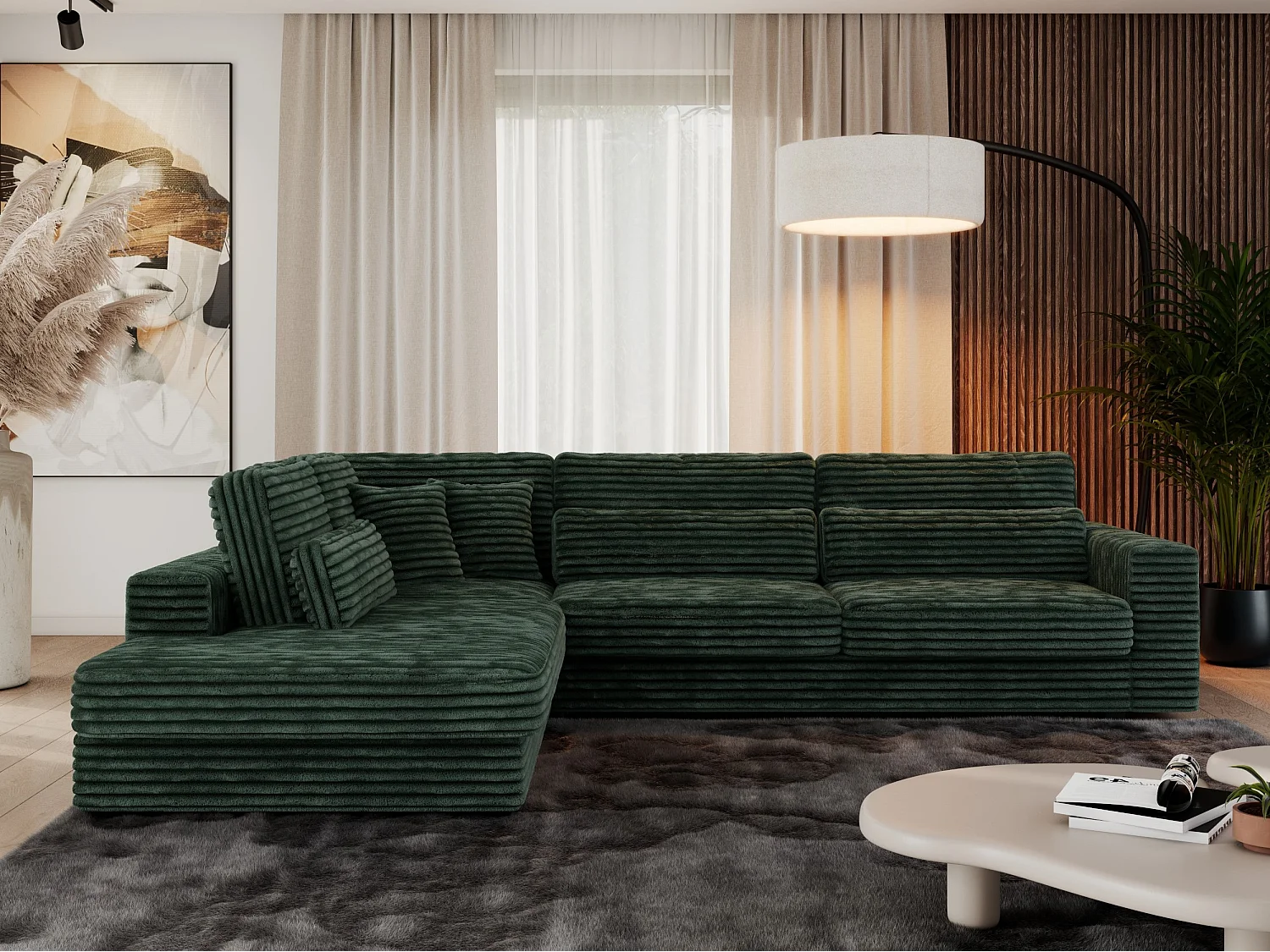 Ecksofa SAVONA - mit Armlehnen, lose Kissen, große L-förmige Ecke, Wohnlandschaft - Grün Cord - Ecke Links