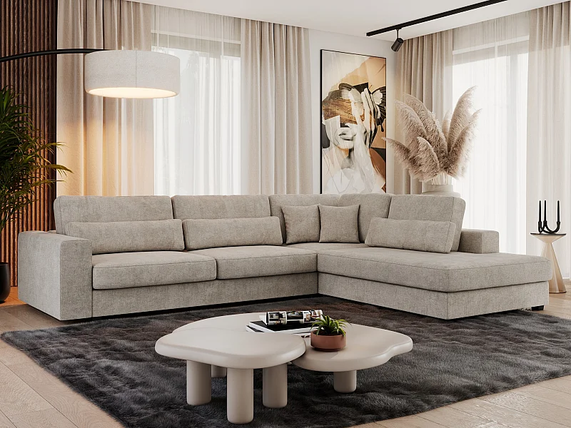 Ecksofa SAVONA - mit Armlehnen, lose Kissen, große L-förmige Ecke, Wohnlandschaft - Beige Strukture - Ecke Rechts