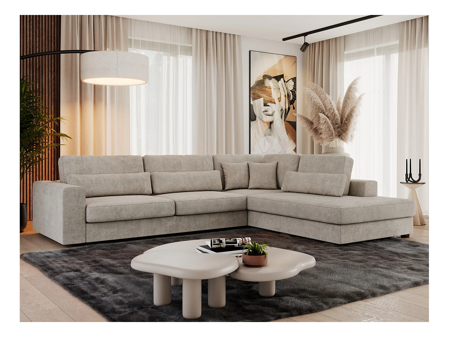 Ecksofa SAVONA - mit Armlehnen, lose Kissen, große L-förmige Ecke, Wohnlandschaft - Beige Strukture - Ecke Rechts