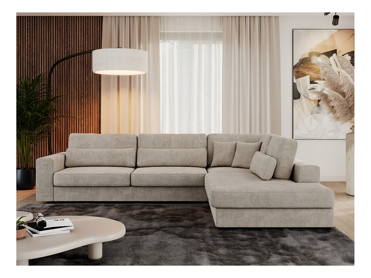 Ecksofa SAVONA - mit Armlehnen, lose Kissen, große L-förmige Ecke, Wohnlandschaft - Beige Strukture - Ecke Rechts