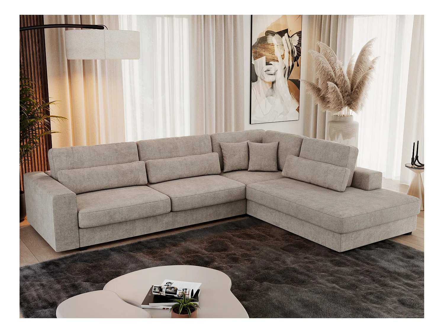 Ecksofa SAVONA - mit Armlehnen, lose Kissen, große L-förmige Ecke, Wohnlandschaft - Beige Strukture - Ecke Rechts