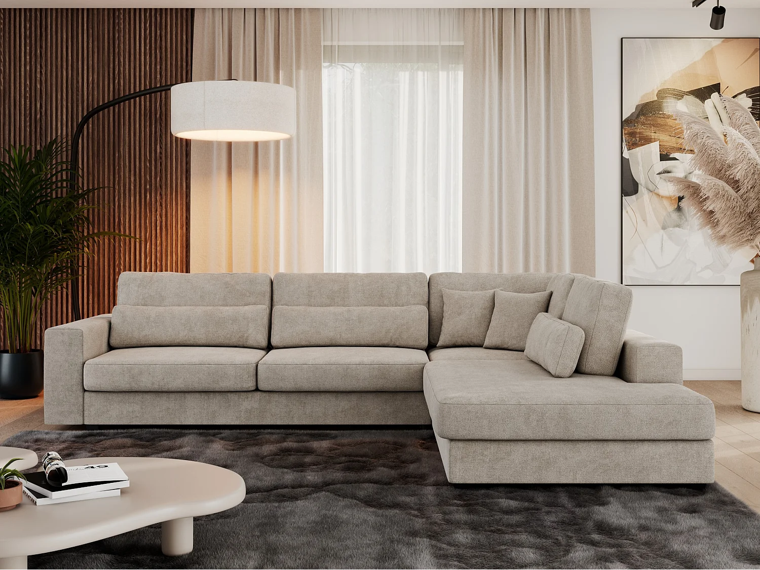 Ecksofa SAVONA - mit Armlehnen, lose Kissen, große L-förmige Ecke, Wohnlandschaft - Beige Strukture - Ecke Rechts