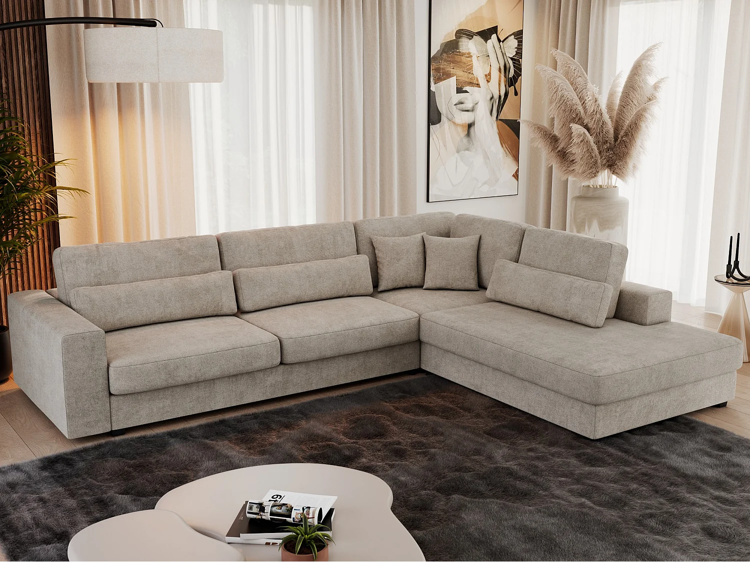 Ecksofa SAVONA - mit Armlehnen, lose Kissen, große L-förmige Ecke, Wohnlandschaft - Beige Strukture - Ecke Rechts
