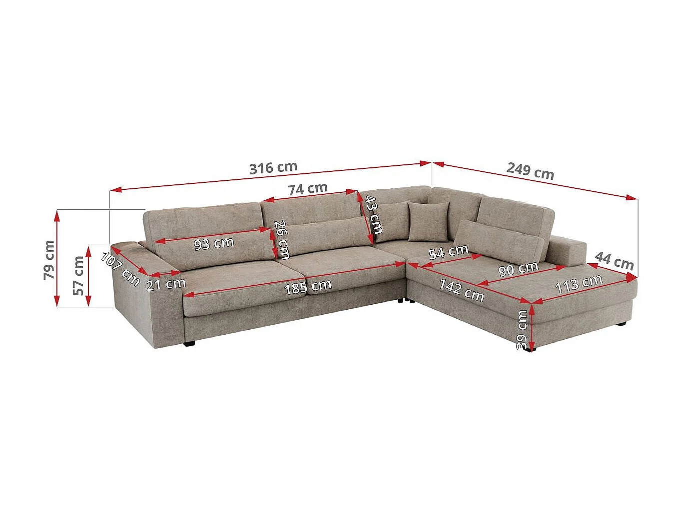 Ecksofa SAVONA - mit Armlehnen, lose Kissen, große L-förmige Ecke, Wohnlandschaft - Beige Strukture - Ecke Rechts