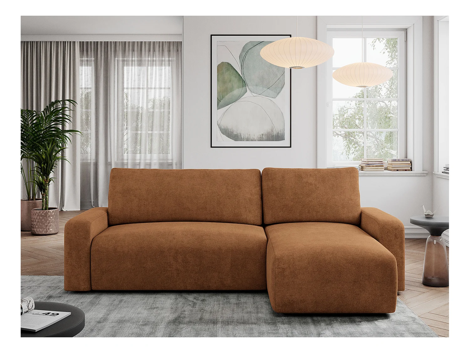 Ecksofa ARGOS - mit Schlaffunktion, Sofa mit armlehnen, Bettkasten, 3-Sitzer Sofa - Orange Stukture