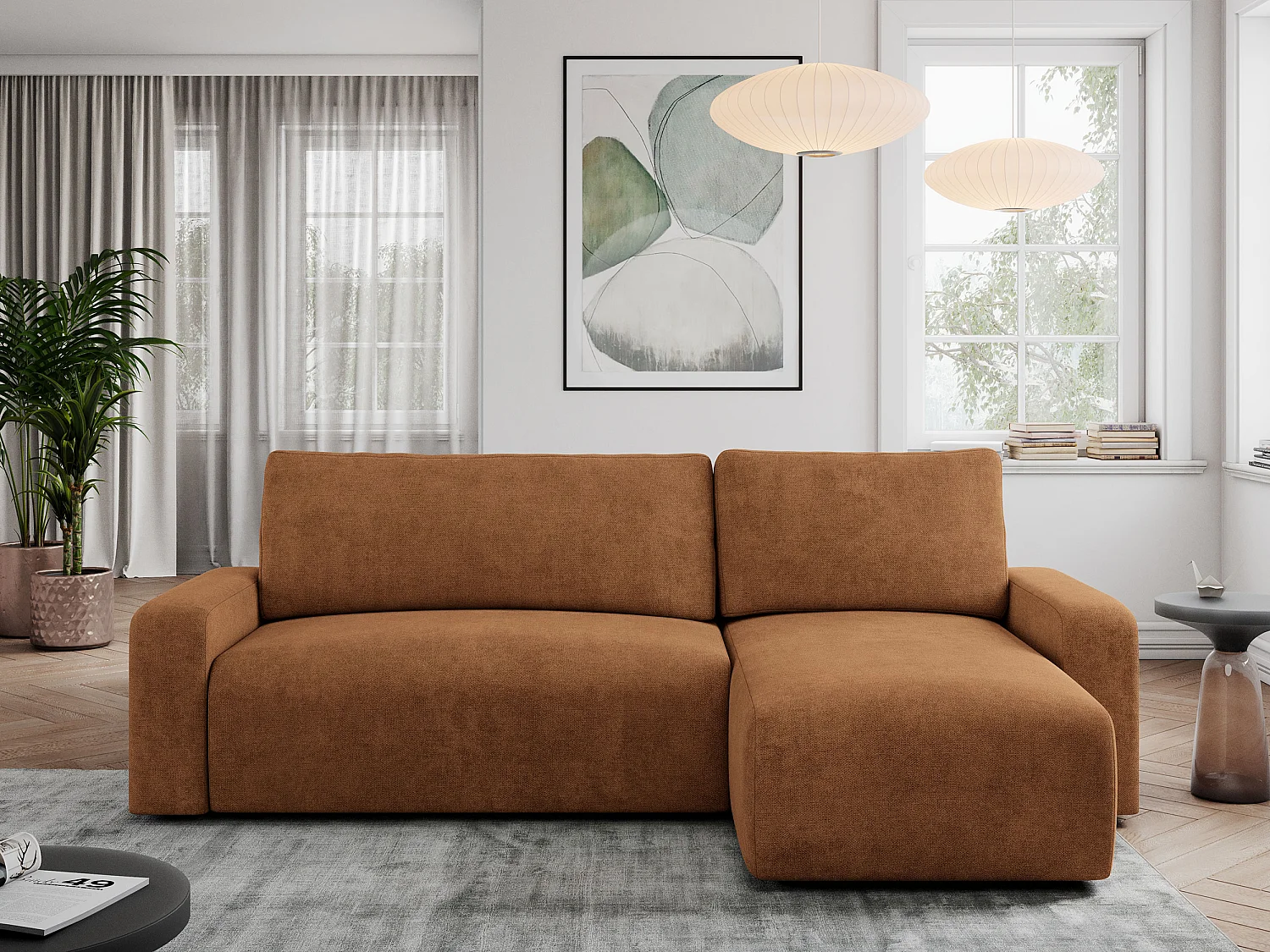 Ecksofa ARGOS - mit Schlaffunktion, Sofa mit armlehnen, Bettkasten, 3-Sitzer Sofa - Orange Stukture