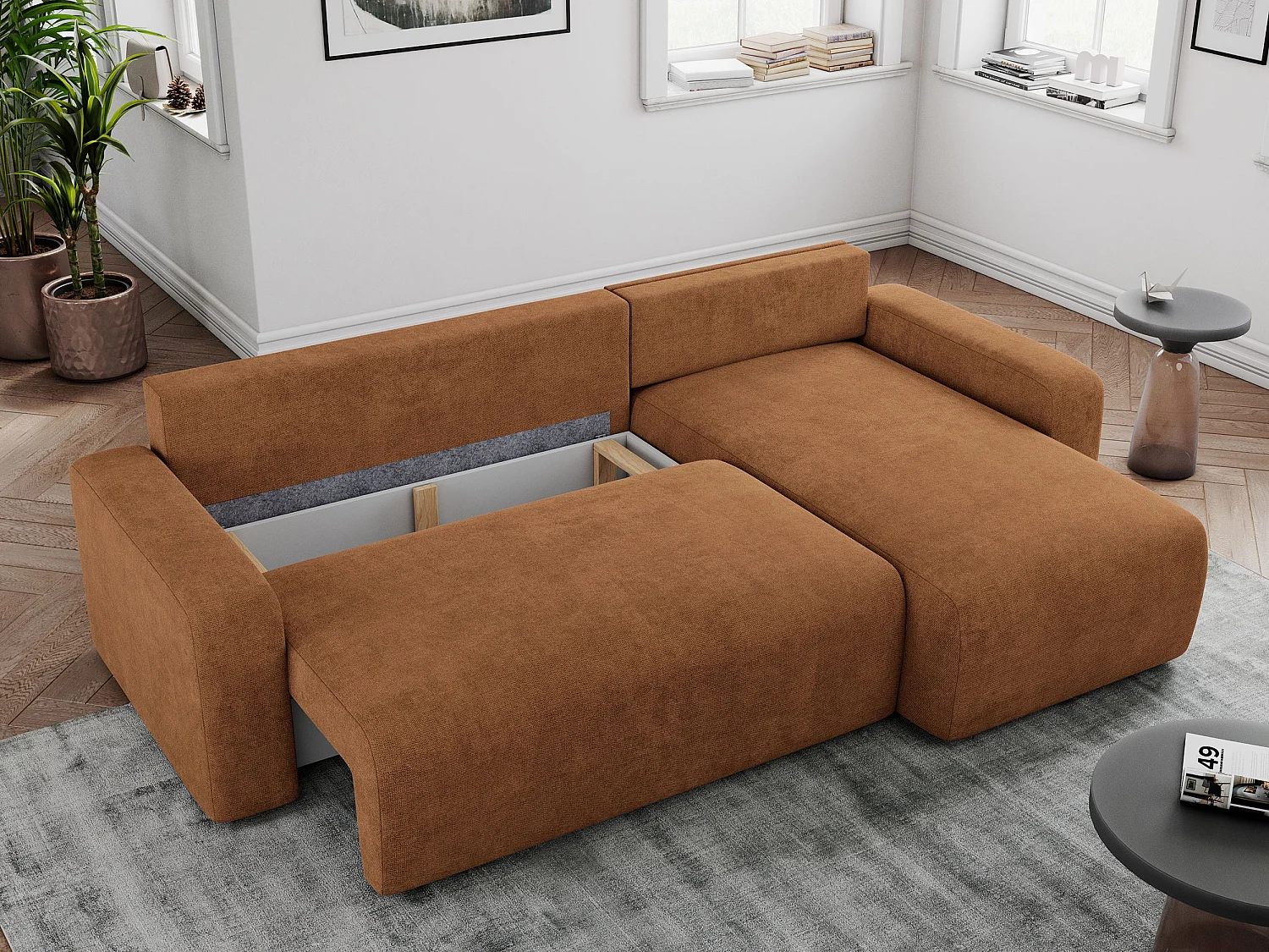 Ecksofa ARGOS - mit Schlaffunktion, Sofa mit armlehnen, Bettkasten, 3-Sitzer Sofa - Orange Stukture