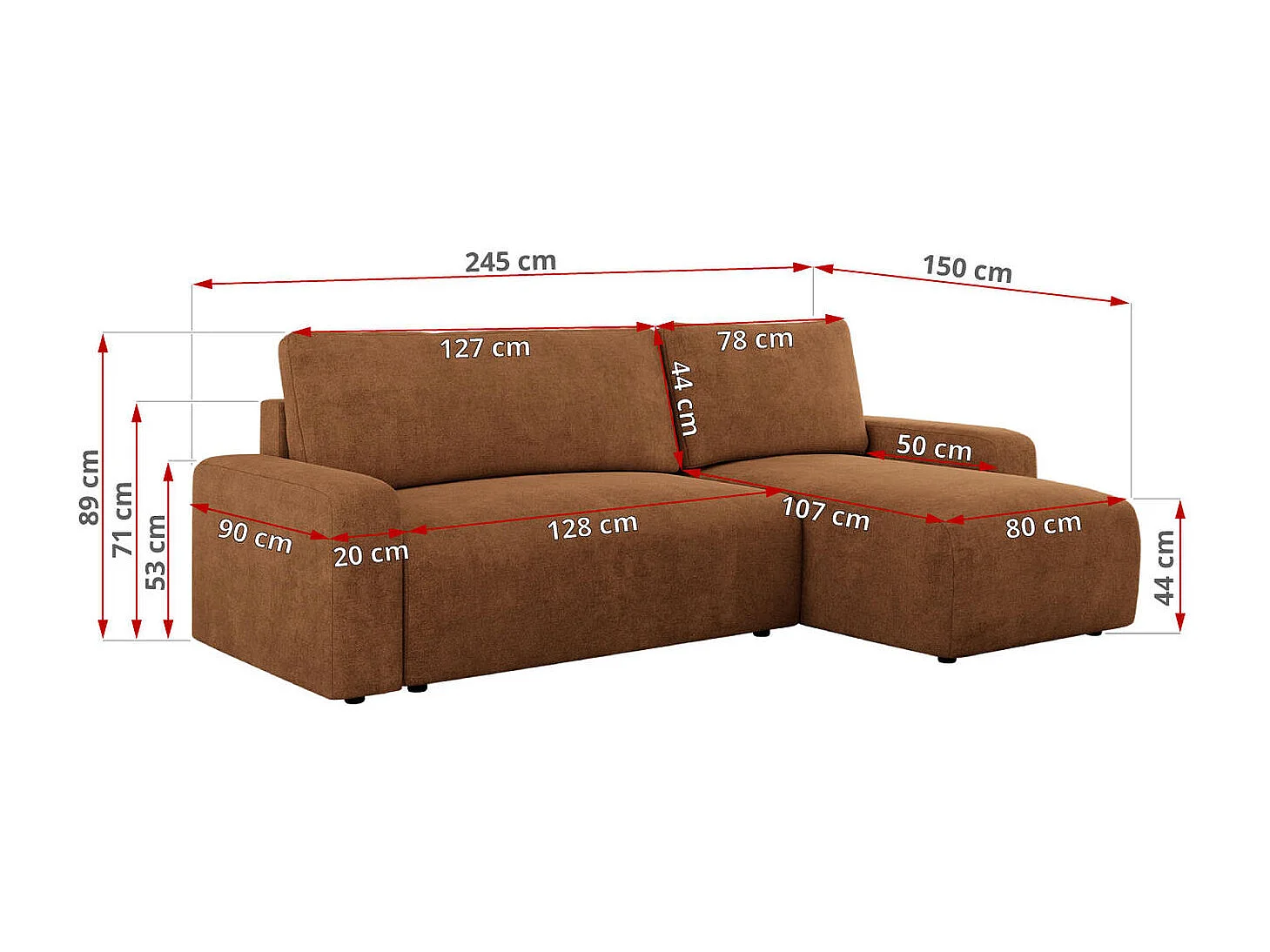 Ecksofa ARGOS - mit Schlaffunktion, Sofa mit armlehnen, Bettkasten, 3-Sitzer Sofa - Orange Stukture