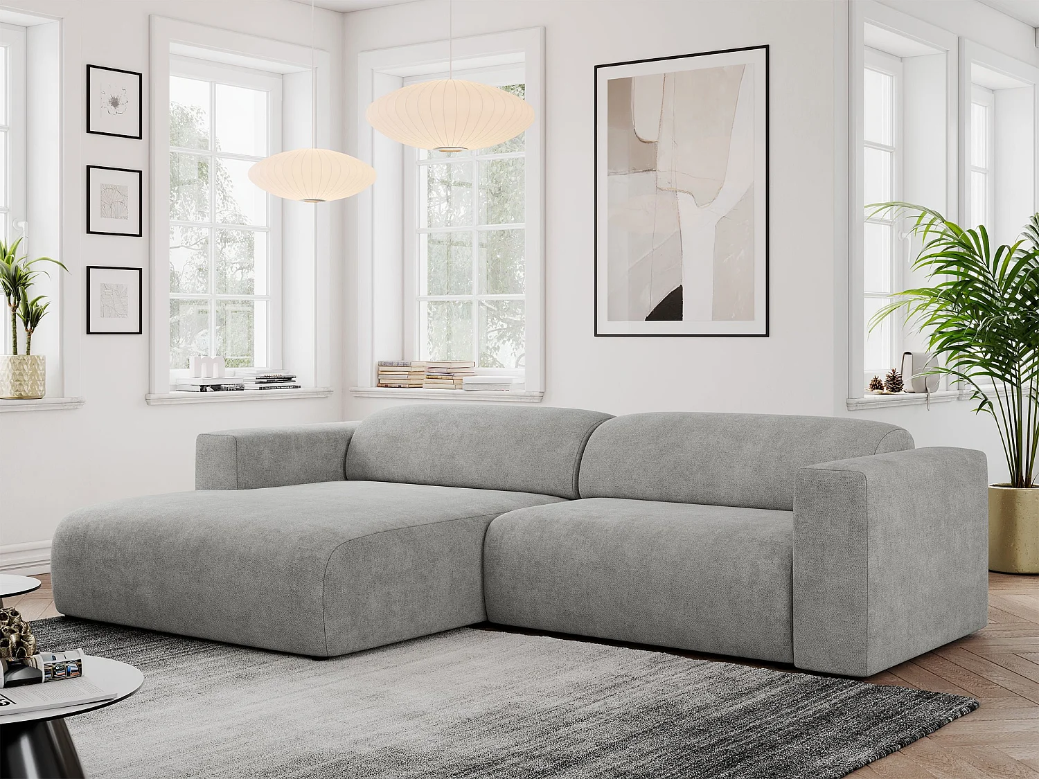 Ecksofa PASADENA - mit Armlehnen, Wohnlandschaft, freistehendes Sofa, große Ecke - Hellgrau Stukture - Ecke Links