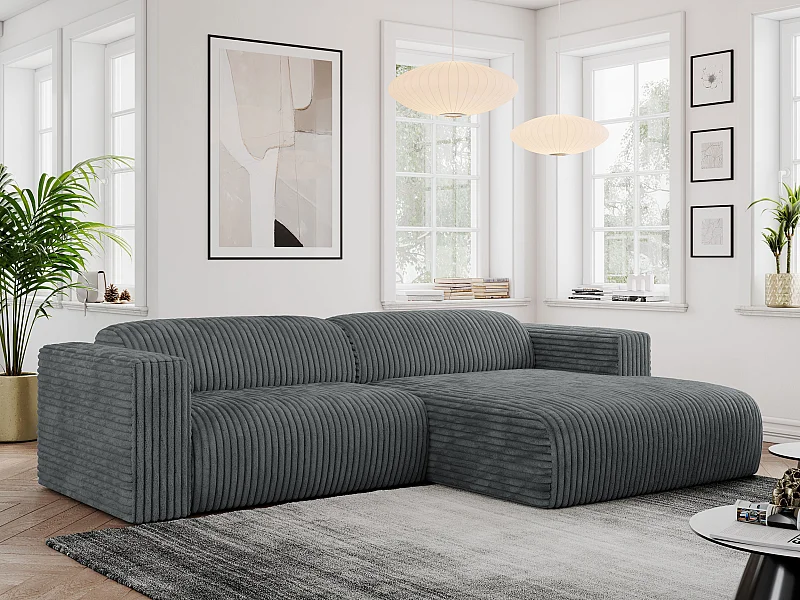 Ecksofa PASADENA - mit Armlehnen, Wohnlandschaft, freistehendes Sofa, große Ecke - Dunkelgrau Cord - Ecke Rechts