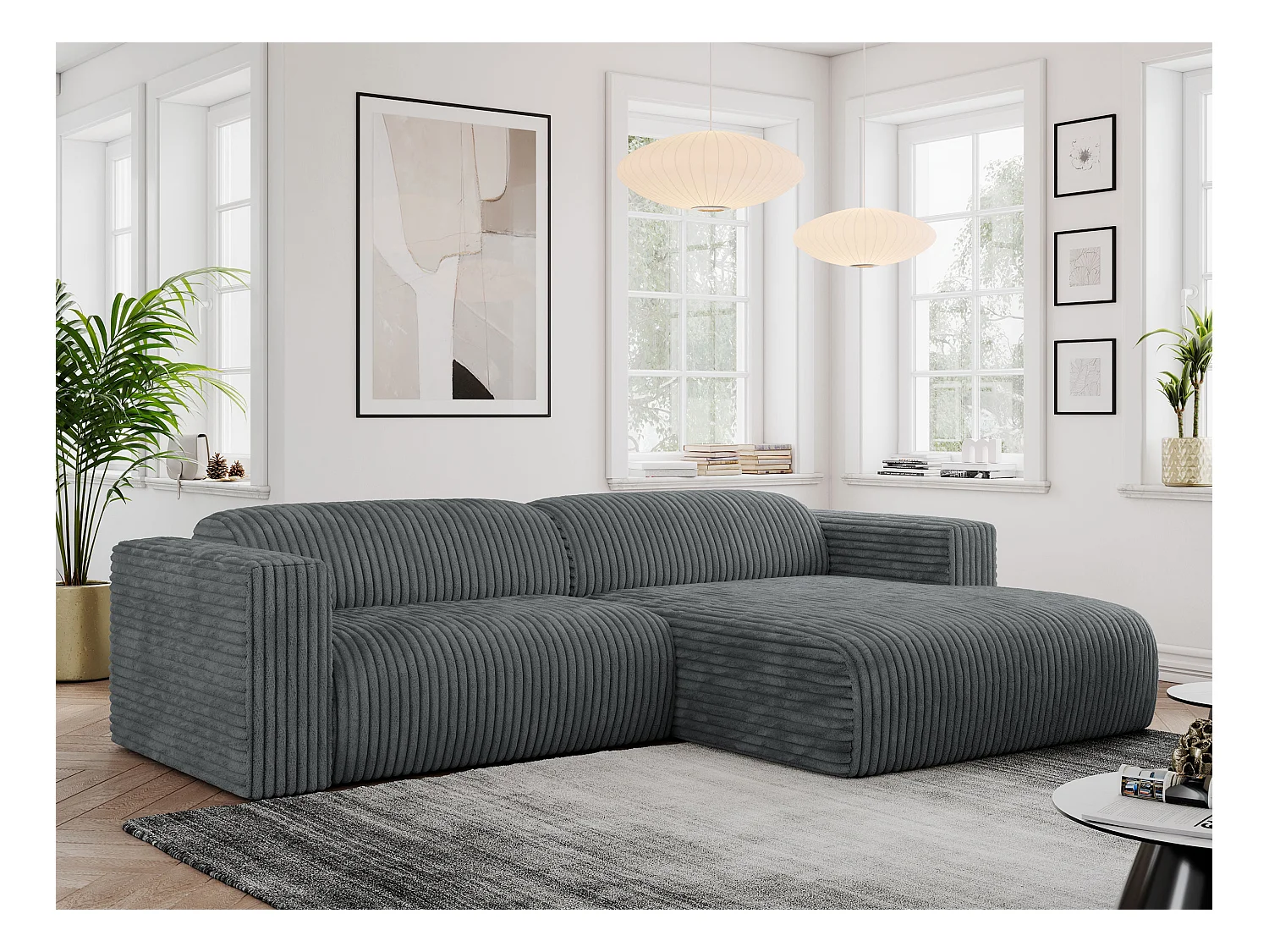Ecksofa PASADENA - mit Armlehnen, Wohnlandschaft, freistehendes Sofa, große Ecke - Dunkelgrau Cord - Ecke Rechts