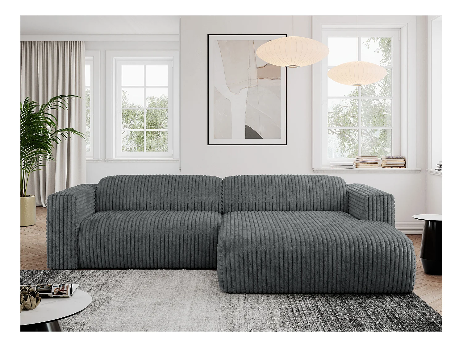 Ecksofa PASADENA - mit Armlehnen, Wohnlandschaft, freistehendes Sofa, große Ecke - Dunkelgrau Cord - Ecke Rechts