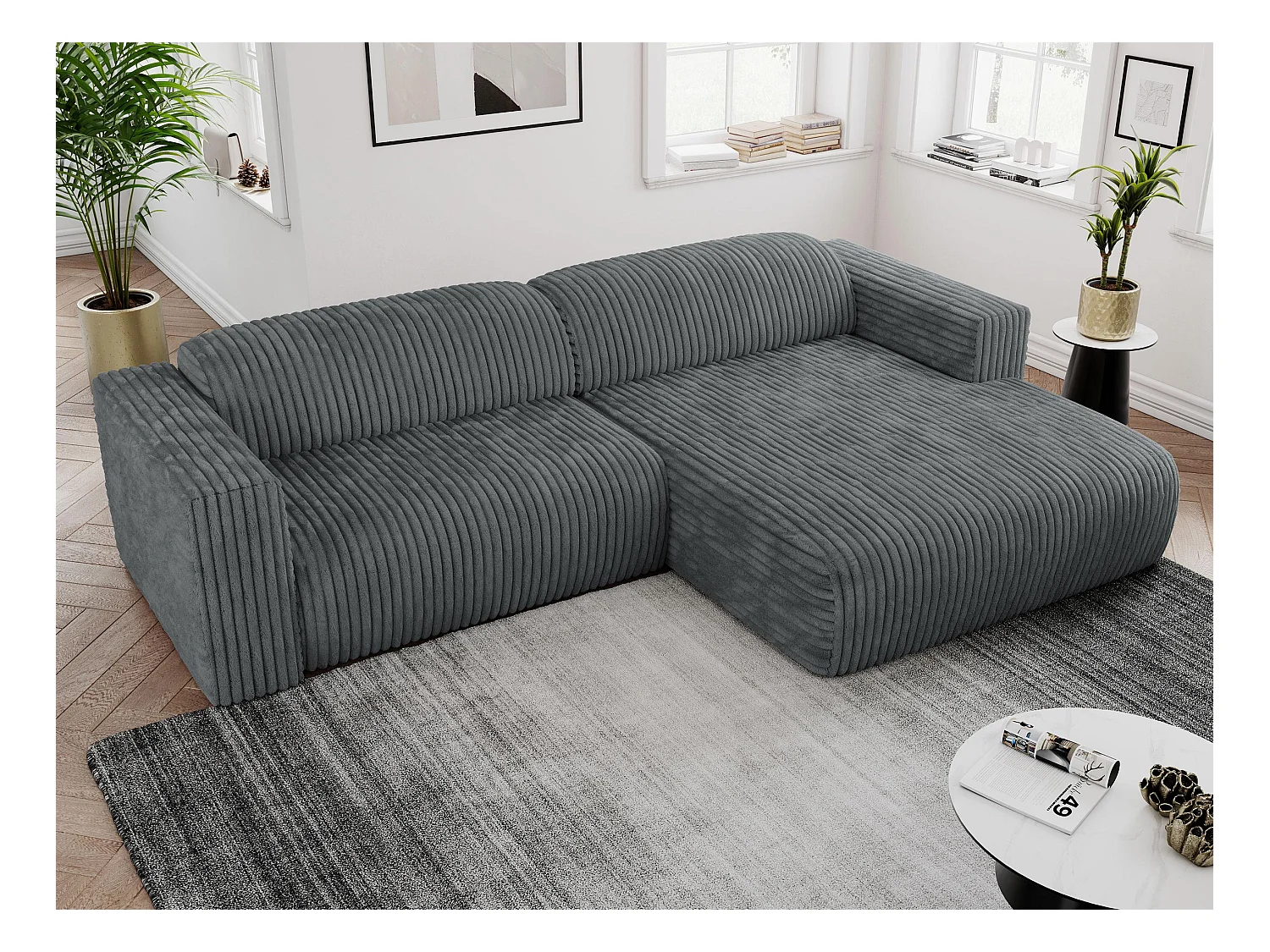 Ecksofa PASADENA - mit Armlehnen, Wohnlandschaft, freistehendes Sofa, große Ecke - Dunkelgrau Cord - Ecke Rechts