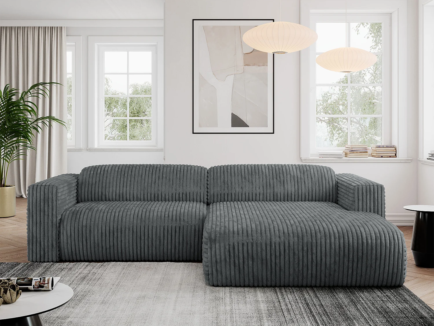 Ecksofa PASADENA - mit Armlehnen, Wohnlandschaft, freistehendes Sofa, große Ecke - Dunkelgrau Cord - Ecke Rechts