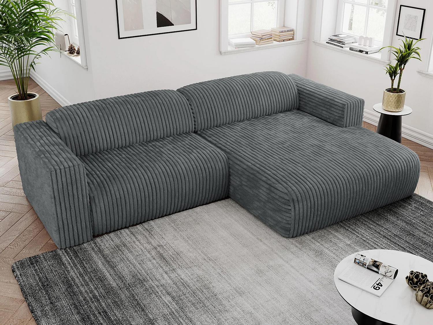 Ecksofa PASADENA - mit Armlehnen, Wohnlandschaft, freistehendes Sofa, große Ecke - Dunkelgrau Cord - Ecke Rechts