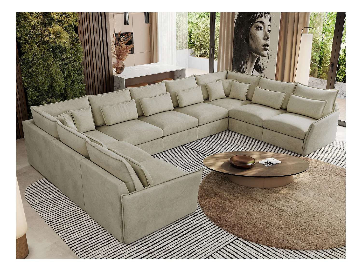 Ecksofa VERSO U9M - XXL Wohnlandschaft Ecke, modulare, Armlehnen und lose Kissen - Beige Velvet