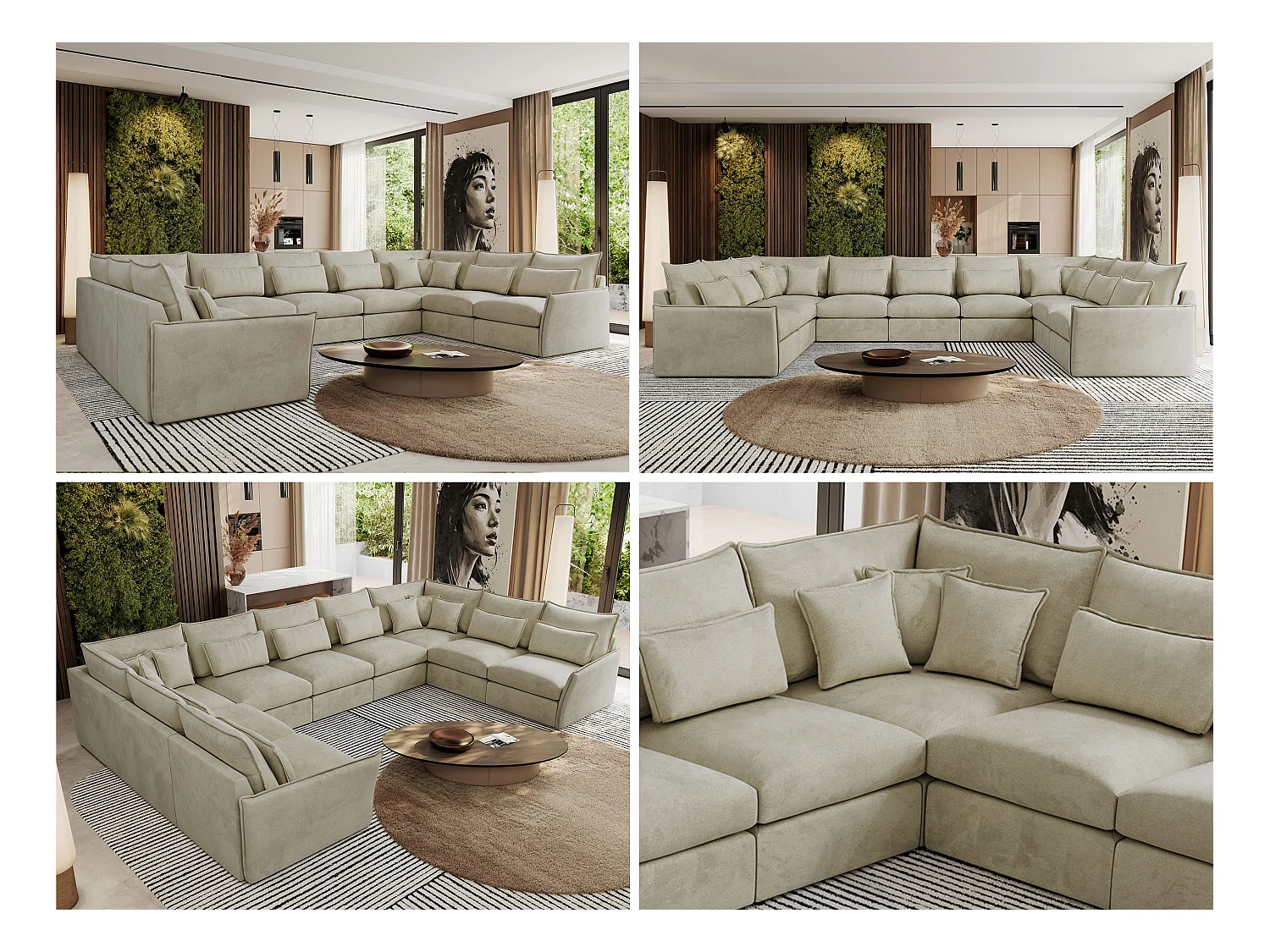 Ecksofa VERSO U9M - XXL Wohnlandschaft Ecke, modulare, Armlehnen und lose Kissen - Beige Velvet