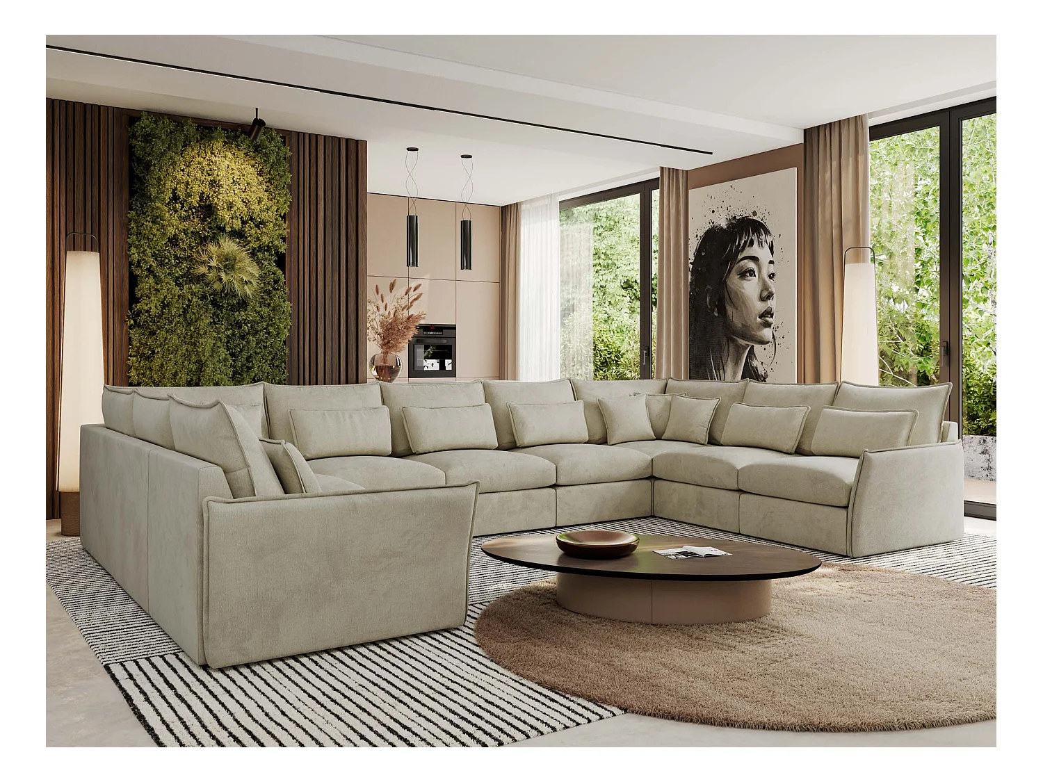 Ecksofa VERSO U9M - XXL Wohnlandschaft Ecke, modulare, Armlehnen und lose Kissen - Beige Velvet