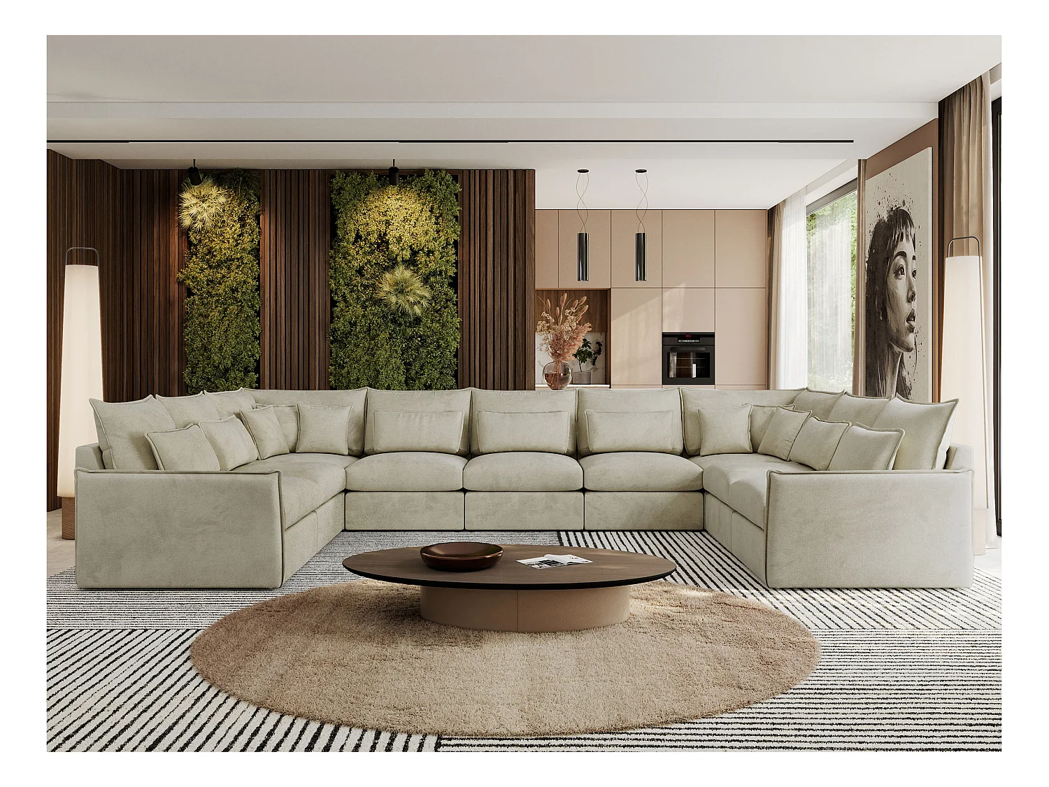 Ecksofa VERSO U9M - XXL Wohnlandschaft Ecke, modulare, Armlehnen und lose Kissen - Beige Velvet