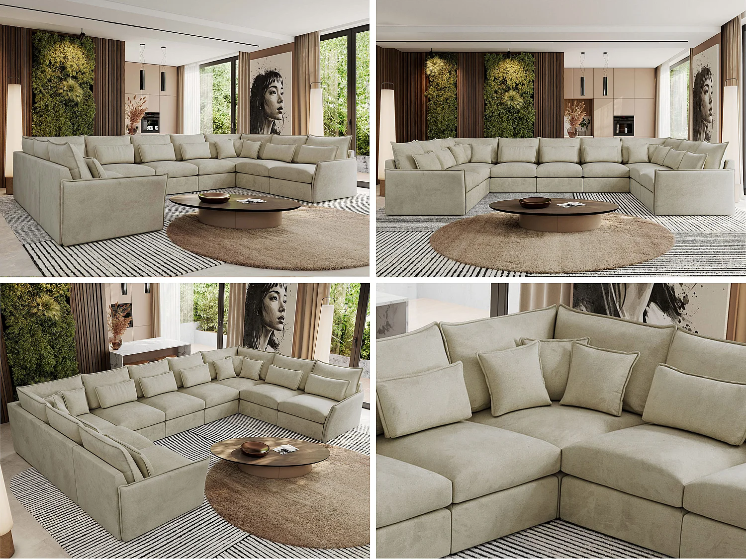 Ecksofa VERSO U9M - XXL Wohnlandschaft Ecke, modulare, Armlehnen und lose Kissen - Beige Velvet