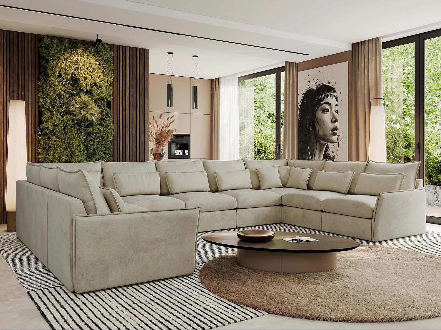 Ecksofa VERSO U9M - XXL Wohnlandschaft Ecke, modulare, Armlehnen und lose Kissen - Beige Velvet