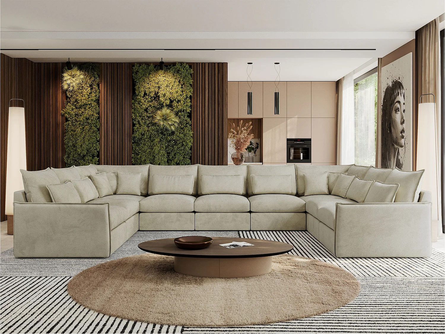 Ecksofa VERSO U9M - XXL Wohnlandschaft Ecke, modulare, Armlehnen und lose Kissen - Beige Velvet