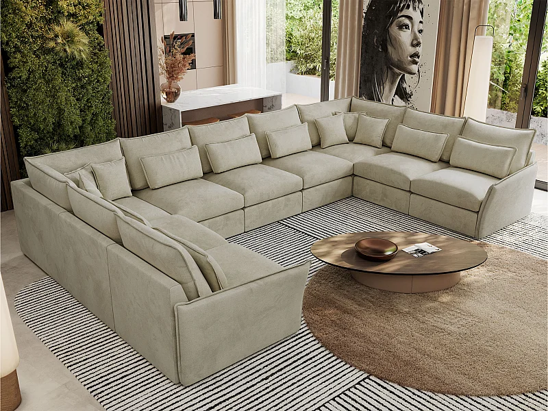 Ecksofa VERSO U9M - XXL Wohnlandschaft Ecke, modulare, Armlehnen und lose Kissen - Beige Velvet