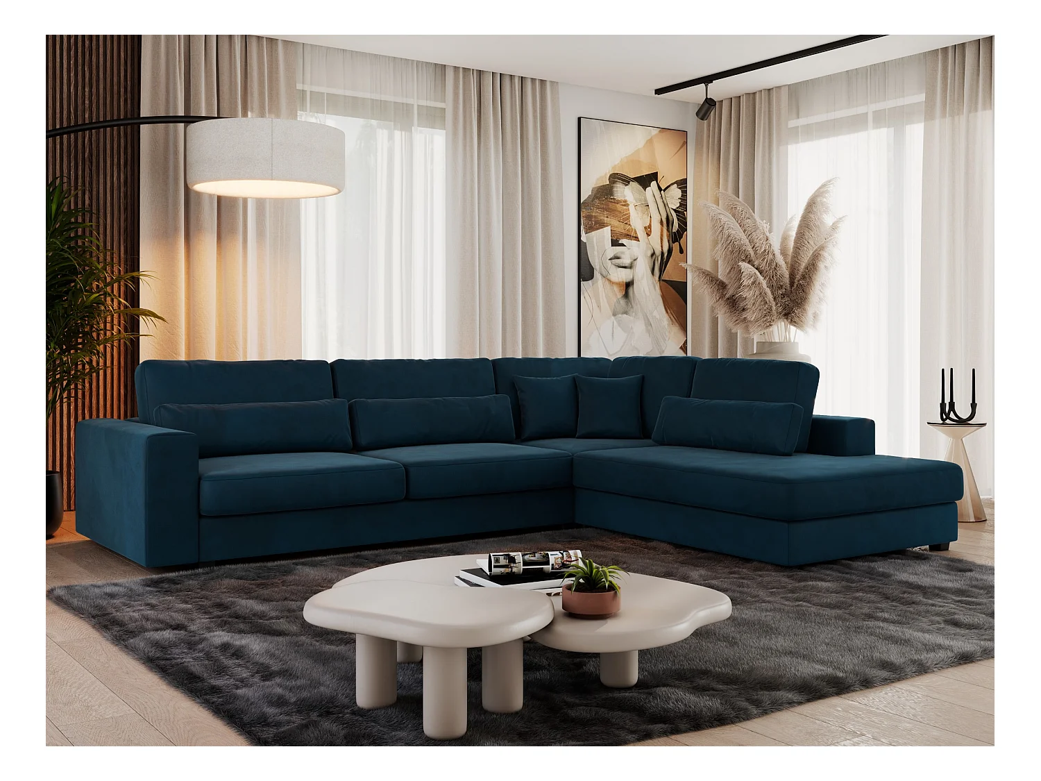 Ecksofa SAVONA - mit Armlehnen, lose Kissen, große L-förmige Ecke, Wohnlandschaft - Dunkelblau Velvet - Ecke Rechts