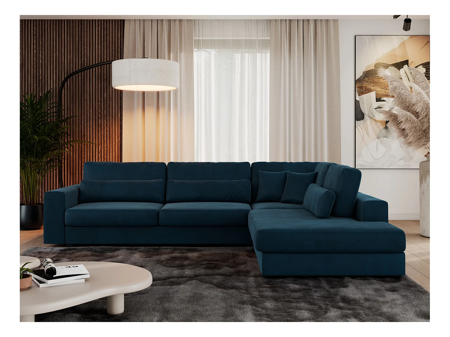 Ecksofa SAVONA - mit Armlehnen, lose Kissen, große L-förmige Ecke, Wohnlandschaft - Dunkelblau Velvet - Ecke Rechts
