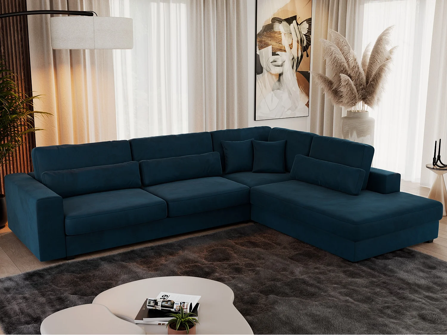 Ecksofa SAVONA - mit Armlehnen, lose Kissen, große L-förmige Ecke, Wohnlandschaft - Dunkelblau Velvet - Ecke Rechts