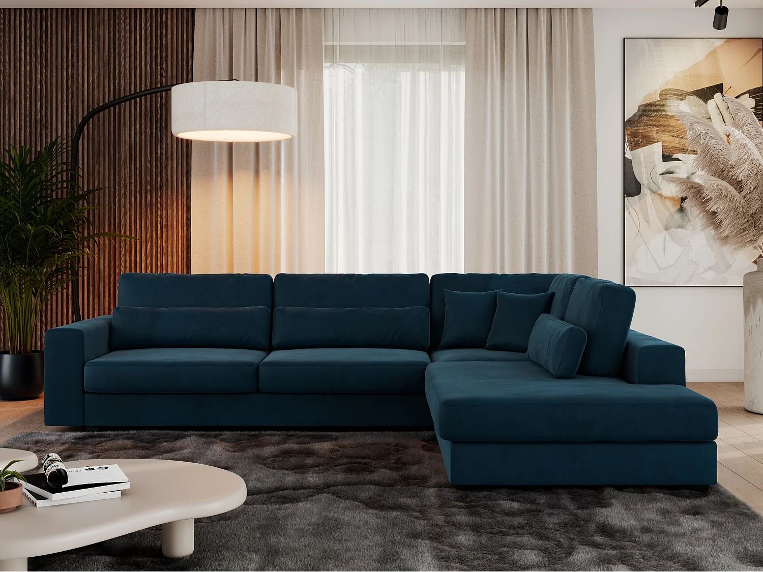 Ecksofa SAVONA - mit Armlehnen, lose Kissen, große L-förmige Ecke, Wohnlandschaft - Dunkelblau Velvet - Ecke Rechts