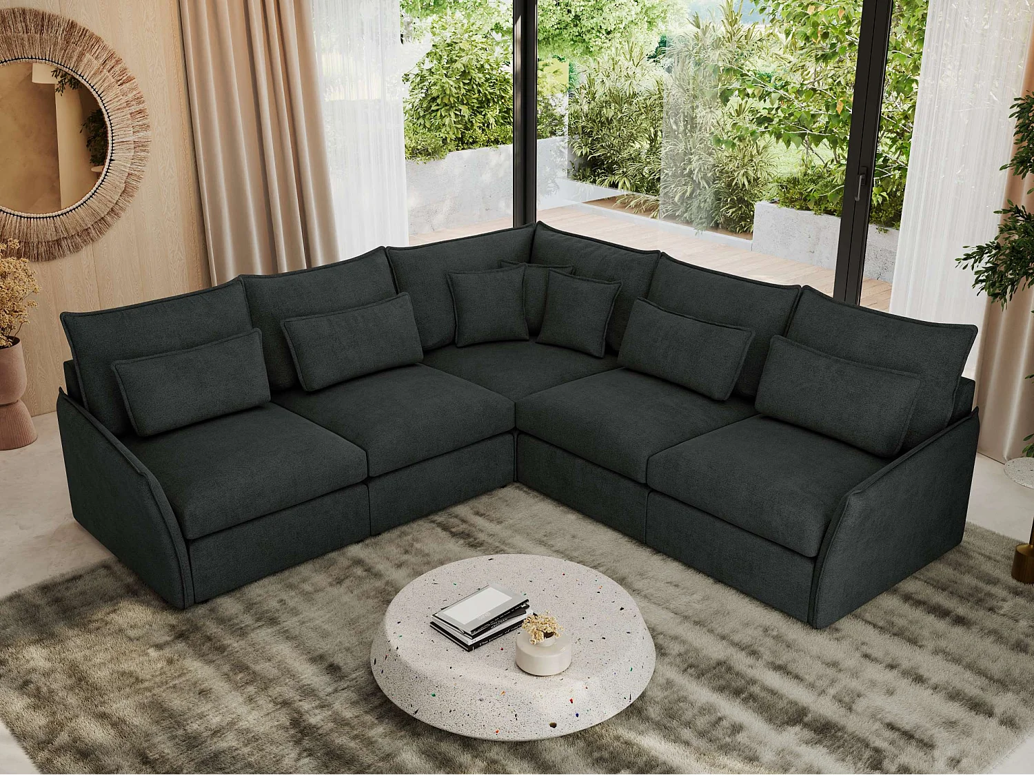 Ecksofa VERSO - modulare L-förmige Ecke, lose Kissen, Wohnlandschaft - Dunkelgrau Struktur