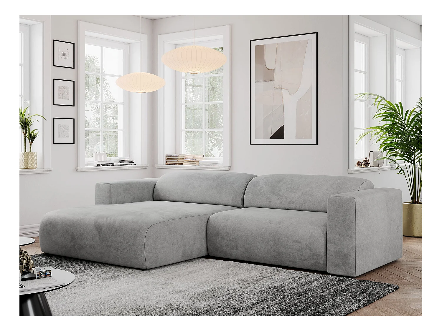Ecksofa PASADENA - mit Armlehnen, Wohnlandschaft, freistehendes Sofa, große Ecke - Hellgrau Velvet - Ecke Links