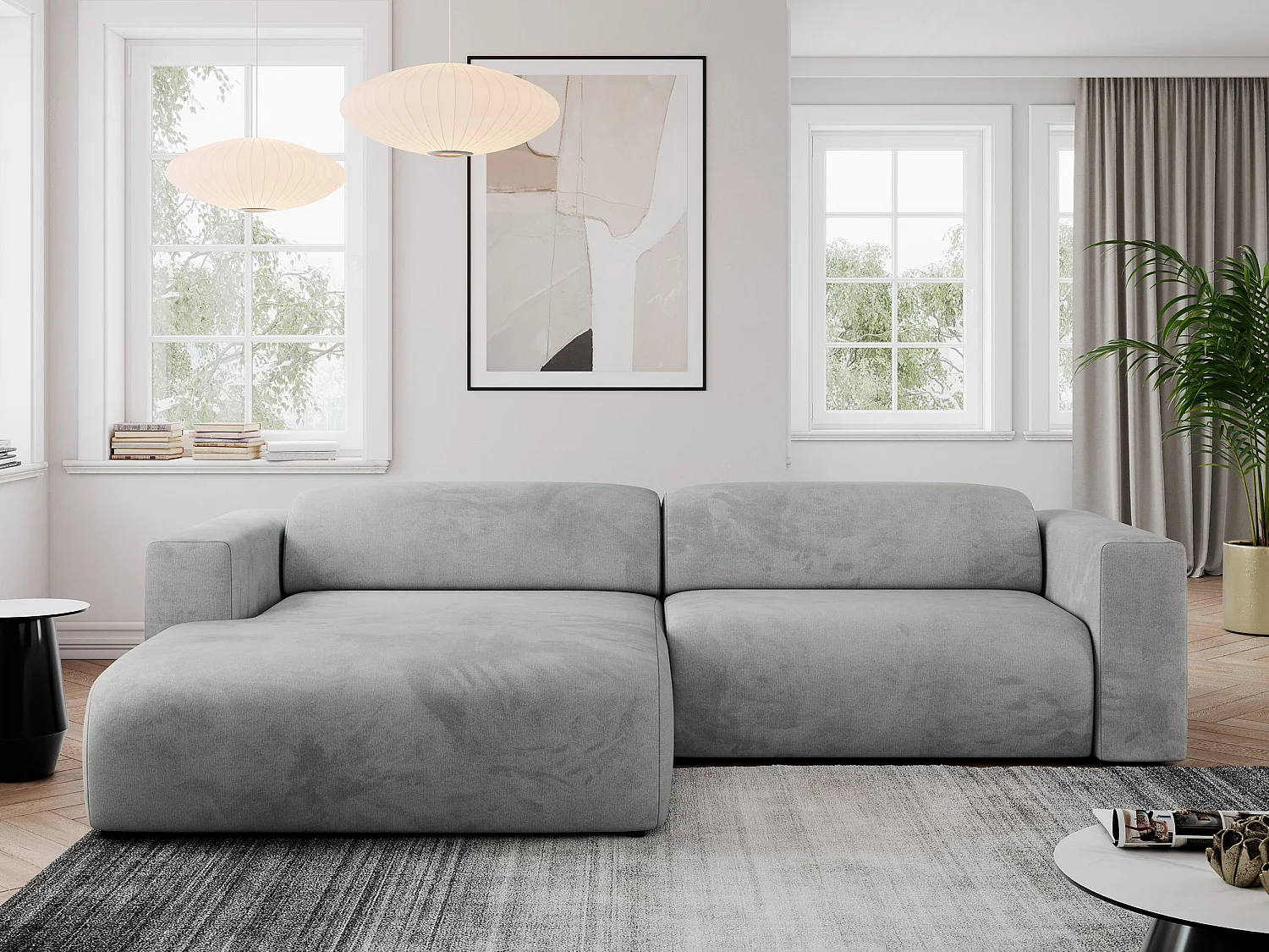 Ecksofa PASADENA - mit Armlehnen, Wohnlandschaft, freistehendes Sofa, große Ecke - Hellgrau Velvet - Ecke Links