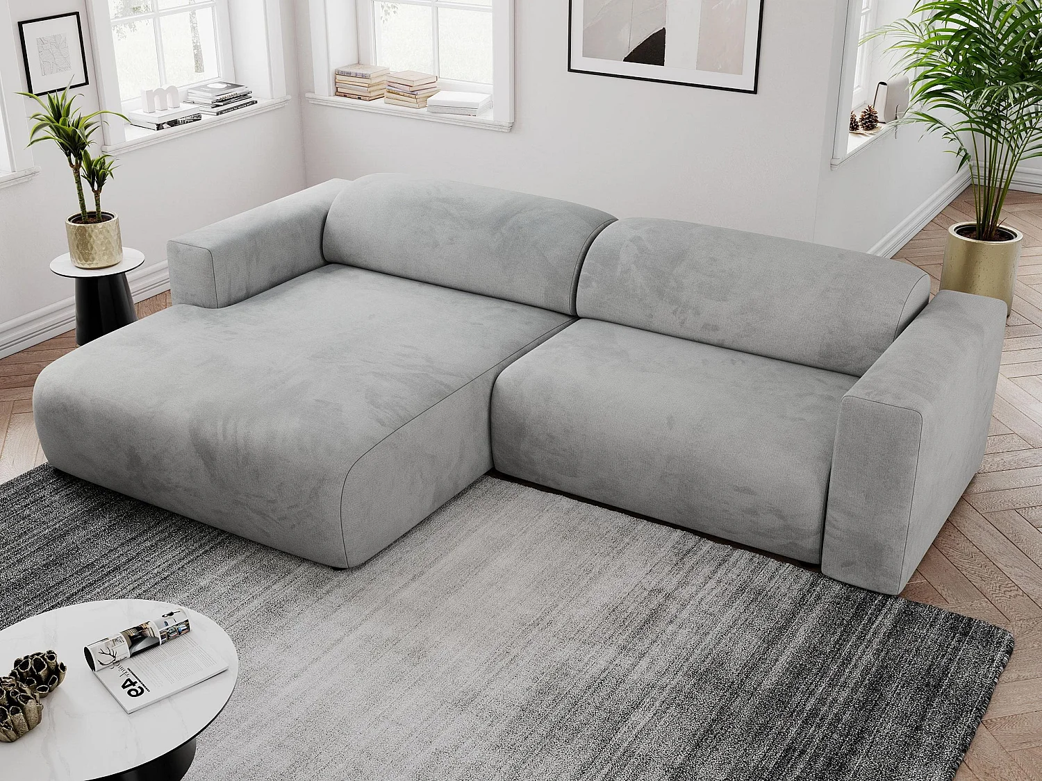Ecksofa PASADENA - mit Armlehnen, Wohnlandschaft, freistehendes Sofa, große Ecke - Hellgrau Velvet - Ecke Links