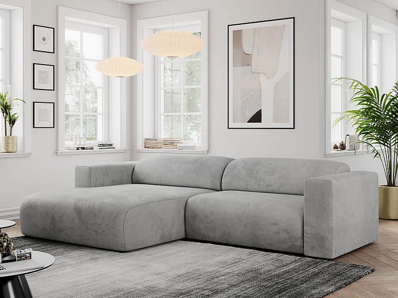 Ecksofa PASADENA - mit Armlehnen, Wohnlandschaft, freistehendes Sofa, große Ecke - Hellgrau Velvet - Ecke Links
