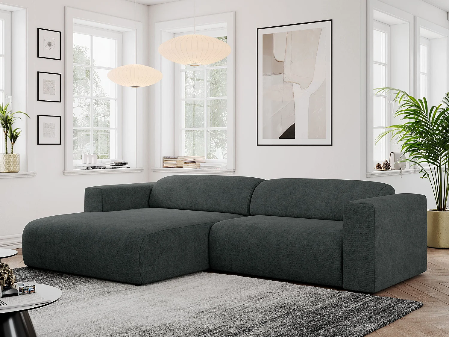 Ecksofa PASADENA - mit Armlehnen, Wohnlandschaft, freistehendes Sofa, große Ecke - Dunkelgrau Stukture - Ecke Links